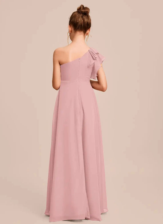 Elegant A Line One Shoulder Ruffle Sleeve Zipper Back Maxi Junior Bridesmaid Dress