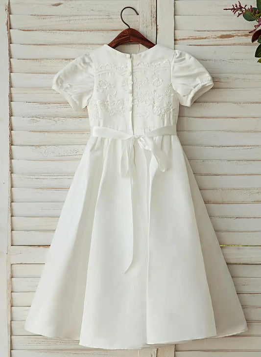 Elegant A?Line Round Neck Puff Short Sleeve Button Back Midi First Communion Dress