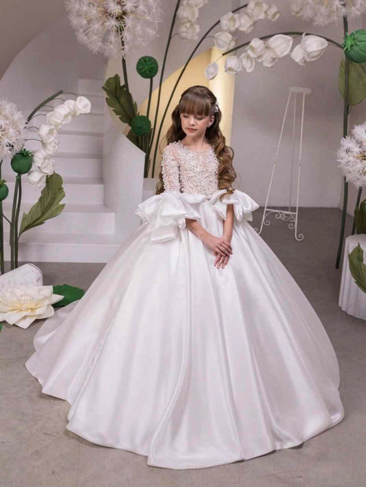 Luxury Ball Gown Illusion Neck Detachable Bow Sleeve Sheer Back Train First Communion Dress
