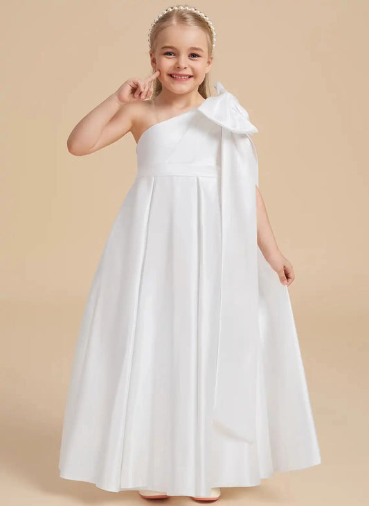 Elegant A?Line One?Shoulder Sleeveless Open?Back Floor?Length Junior Bridesmaid Dress