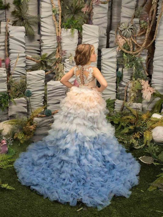 Gradient A?Line Square Neck Sleeveless Lace?Back High?Low Train Pageant Gown