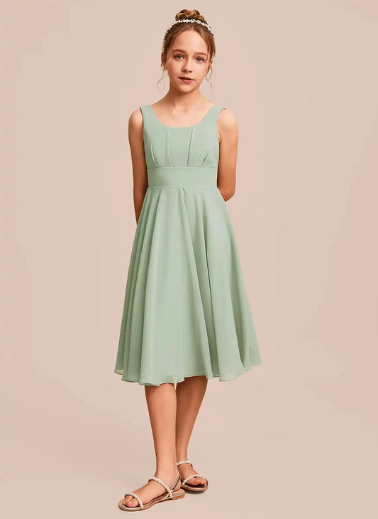soft flowy A-line square neck sleeveless deep v back midi junior bridesmaid dress