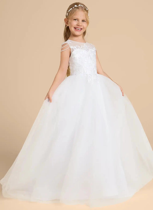 Elegant Ball Gown Illusion Neck Pearl Strap Sheer Lace Back Floor Length First Communion Dress