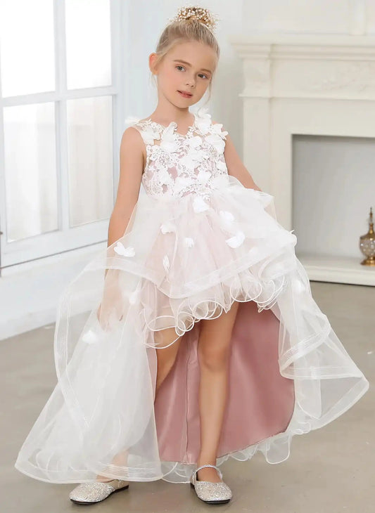 Elegant A Line Round Neck Sleeveless V Back High Low Flower Girl Dress