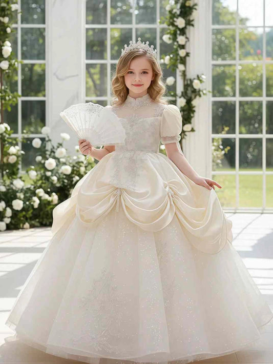 Luxury Ball Gown High Neck Puff Sleeve Sheer Back Floor Length Flower Girl Dress
