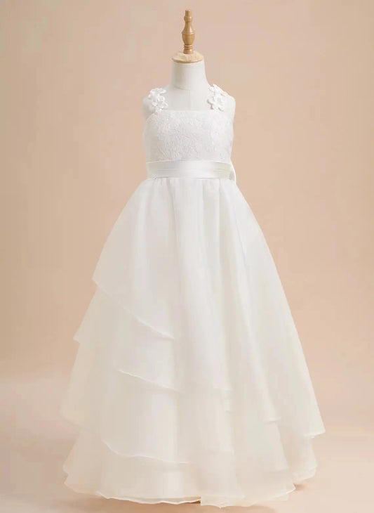 Elegant A?Line Square Neck Sleeveless Zipper Back Floor?Length First Communion Dress