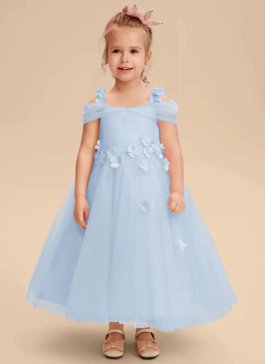 Soft A-line Off Shoulder Short Sleeve Bow Back Ankle-Length Flower Girl Dress