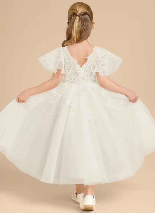 Elegant A?Line V?Neck Flutter Sleeve V?Back Ankle Length Flower Girl Dress