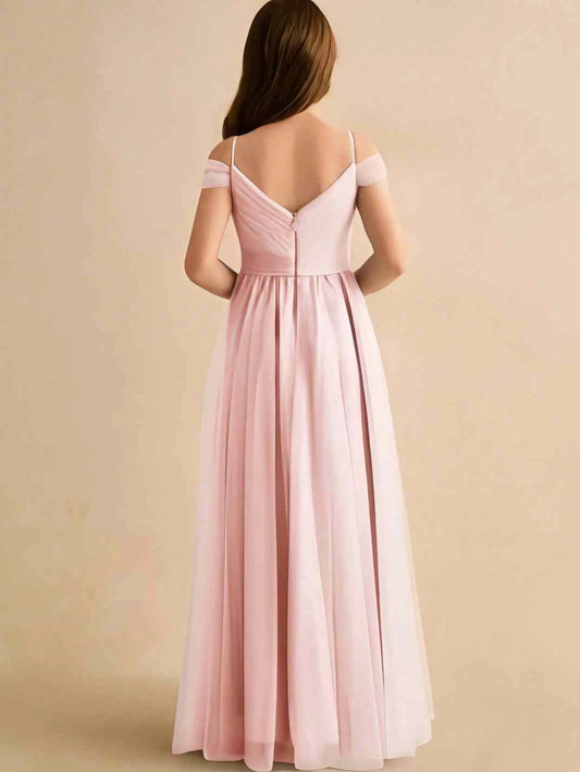 Elegant A?Line V?Neck Off?The?Shoulder V?Back Floor?Length Junior Bridesmaid Dress