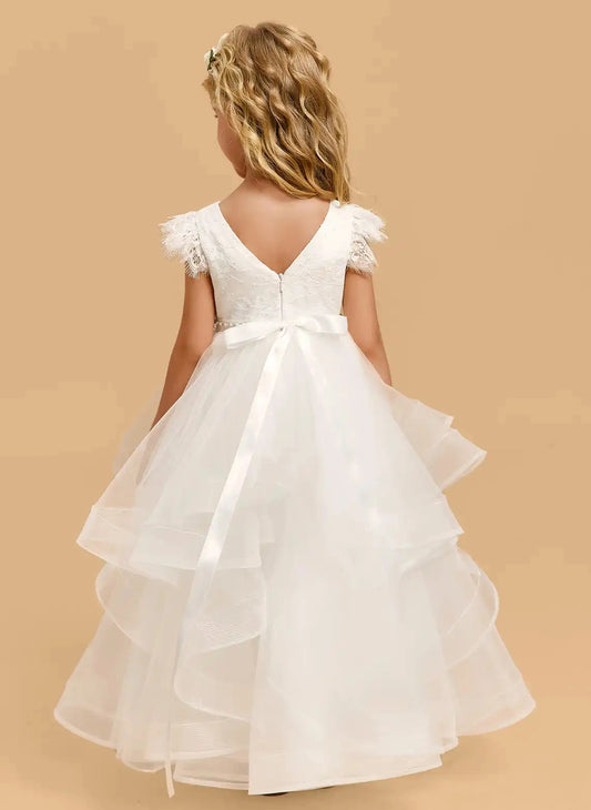 Elegant A?Line Round Neck Cap Sleeve V?Back Floor?Length First Communion Dress