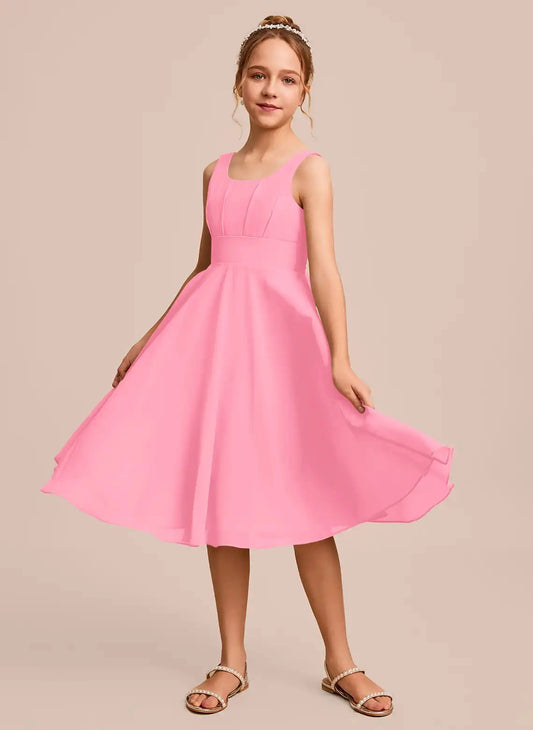 soft flowy A-line square neck sleeveless deep v back midi junior bridesmaid dress