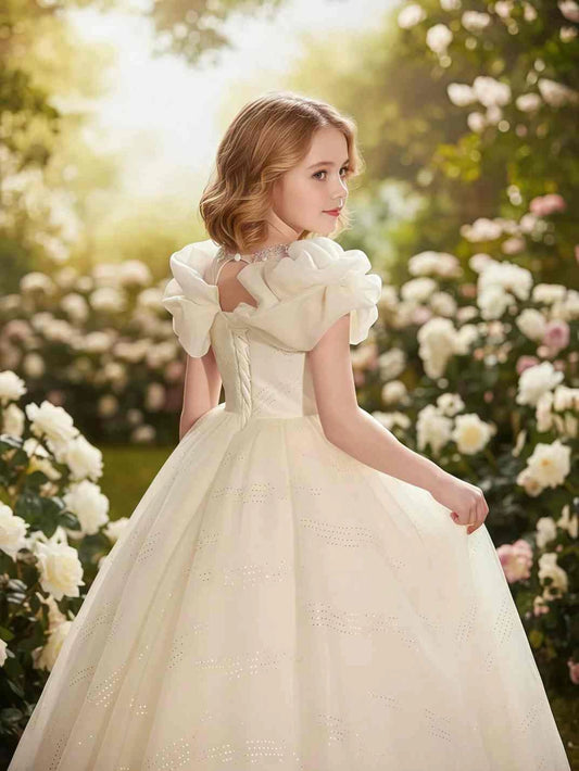 Elegant Ball?Gown V?Neck Puff?Sleeve Lace?Up Back Floor?Length Communion Dress
