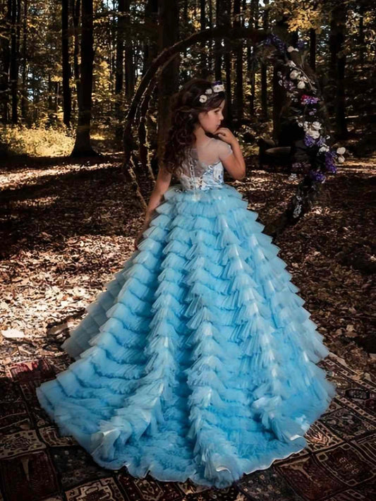 Luxury Ball Gown Round Neck Short Sleeve Lace?Up Back Train Flower Girl Dress