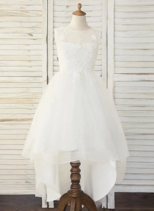 Elegant A Line Illusion Neck Sleeveless Zip Back High Low Flower Girl Dress