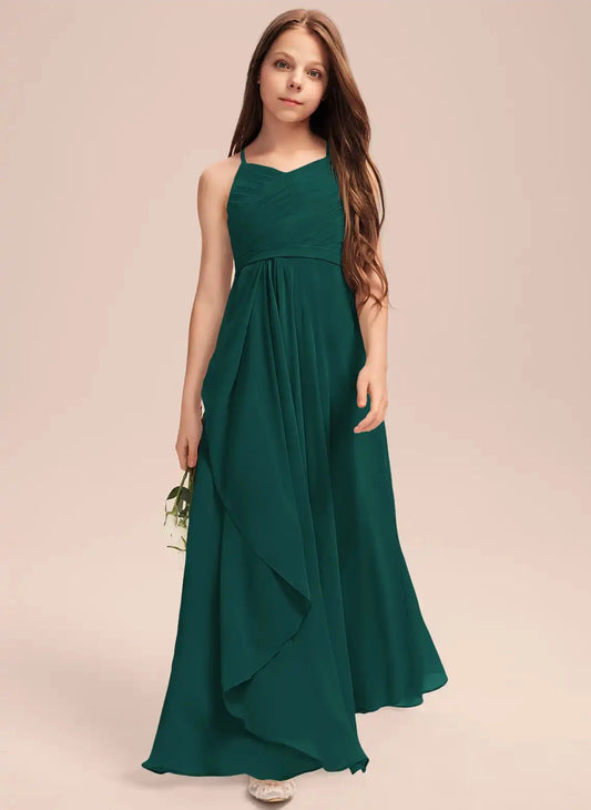 Elegant A-line Halter Sleeveless Tie Back Floor-Length Junior Bridesmaid Dress