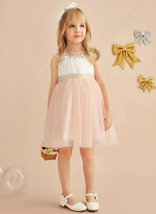Romantic A Line Illusion Neck Sleeveless Bow Knee Length Flower Girl Dress