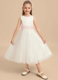 Elegant A Line Round Neck Sleeveless V Back Midi Flower Girl Dress
