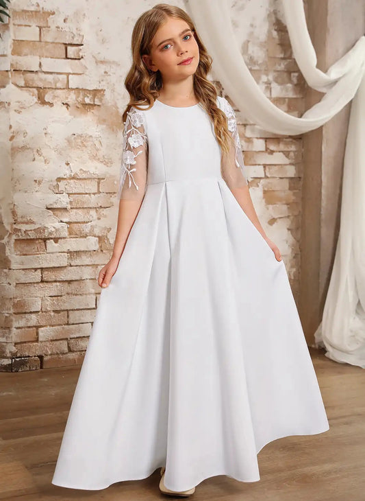 Elegant A?Line Round Neck Lace Sleeves Zipper Back Floor?Length First Communion Dress
