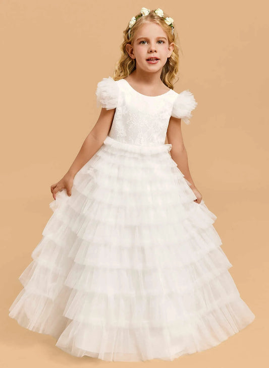 Elegant A?Line Round Neck Puff Sleeve V?Back Floor?Length Flower Girl Dress