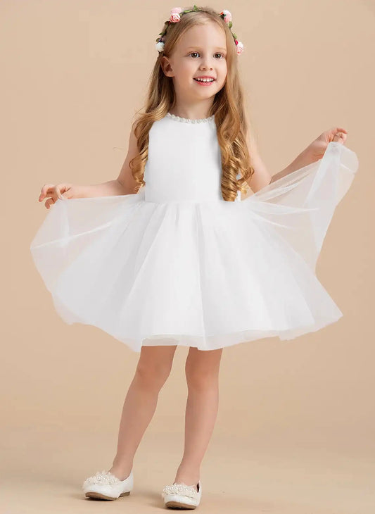 Elegant A-Line Crew Neck Sleeveless V-Back Short Flower Girl Dress