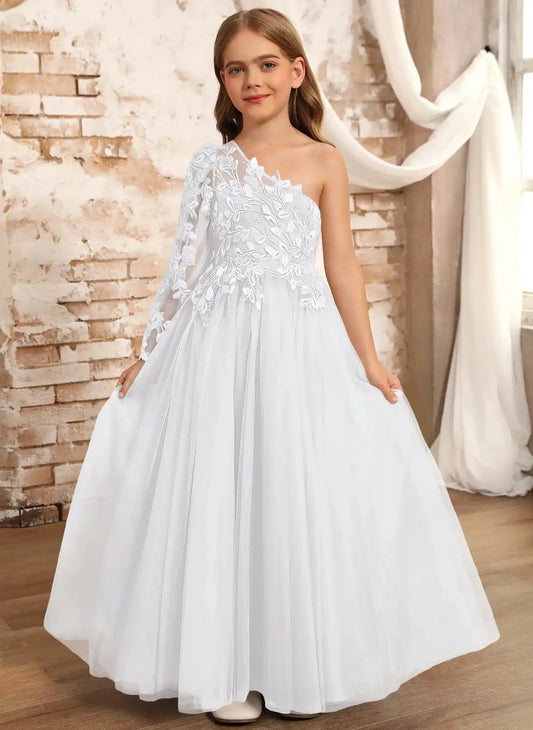 Elegant A?Line One?Shoulder Long?Sleeve Open?Back Floor?Length First Communion Girl Dress