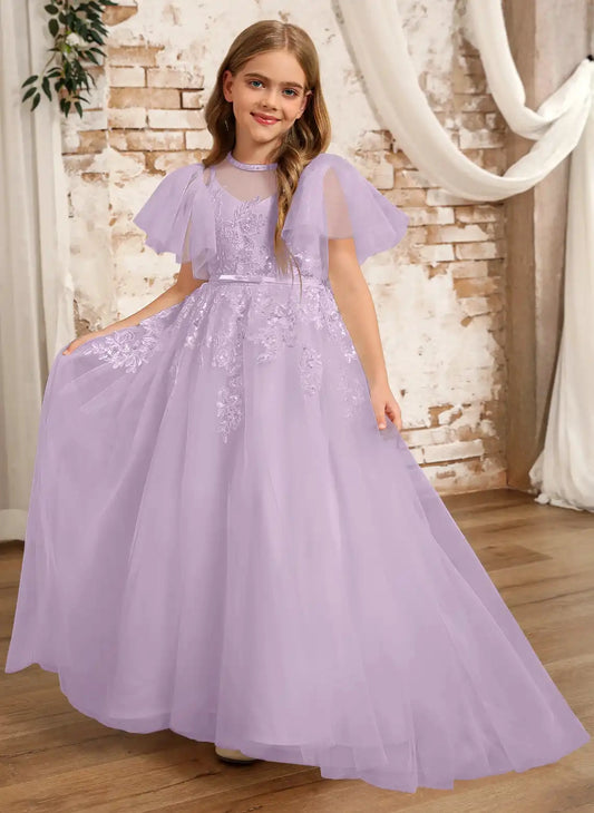 Elegant A?Line High Neck Flutter Sleeve Tie?Back Floor?Length First Communion Dresses