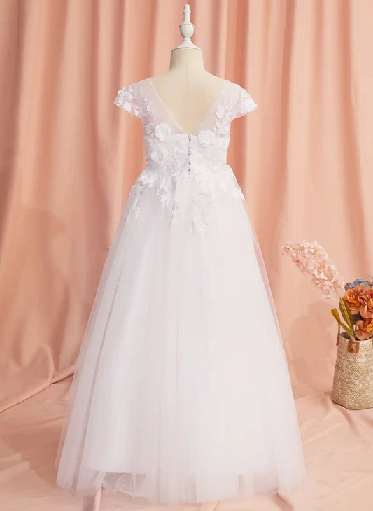 White Floral A-Line V Neck Cap Sleeve V-Back Floor Length First Communion Dress