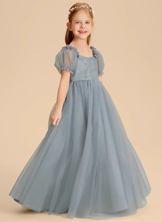 Soft A-Line Square Neck Puff Sleeve Zipper Back Floor-Length Flower Girl Dress