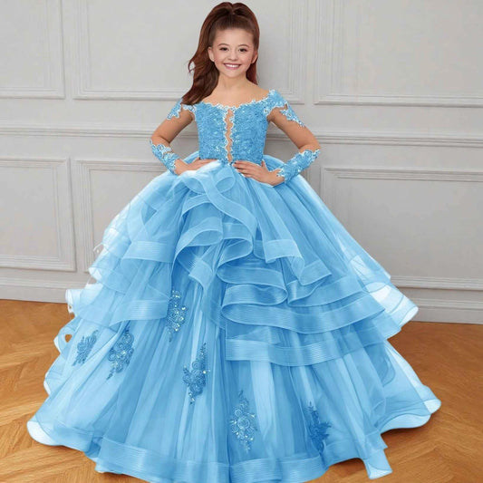 Luxury Ballgown Off?the?Shoulder Long Sleeve Zipper?Back Floor?Length Pageant Girl Dress