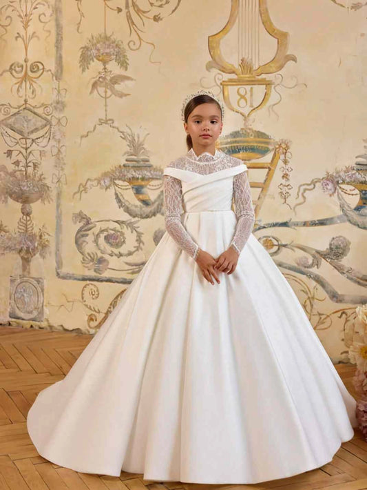 Elegant Ball?Gown High?Neck Long?Sleeve Lace?Back Train?Length First Communion Dress