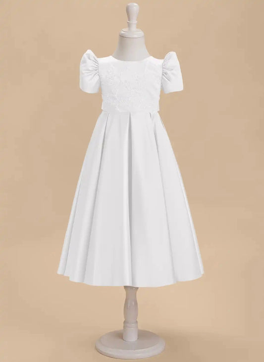 Elegant A?Line Round Neck Puff Short Sleeve V?Back Midi Flower Girl Dress
