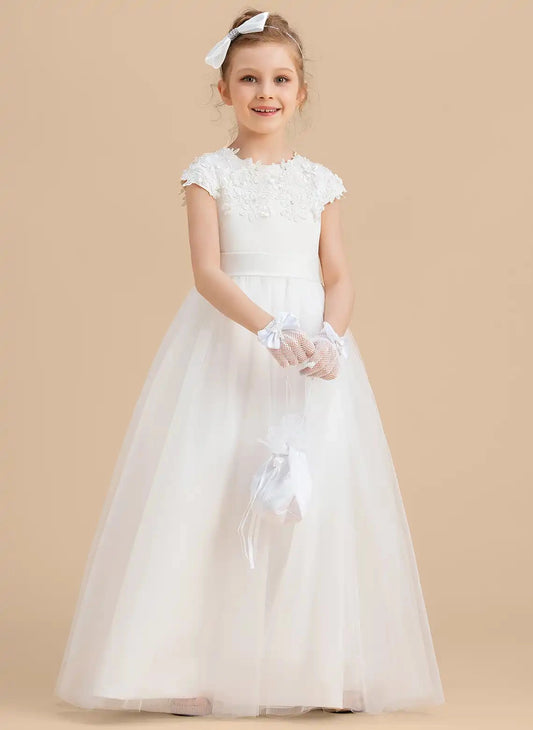 Elegant A?Line Round Neck Cap Sleeve Zipper Back Floor?Length First Communion Dress