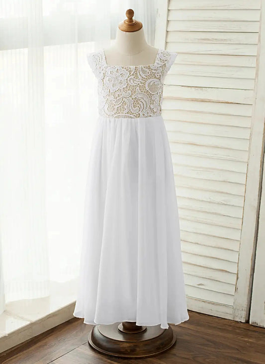 Elegant A?Line Square Neck Cap Sleeve Zip?Back Floor?Length First Communion Dress