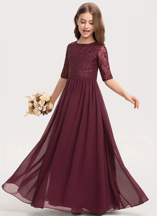 Elegant A-Line Round Neck Elbow Sleeve Zipper Back Maxi Junior Bridesmaid Dress