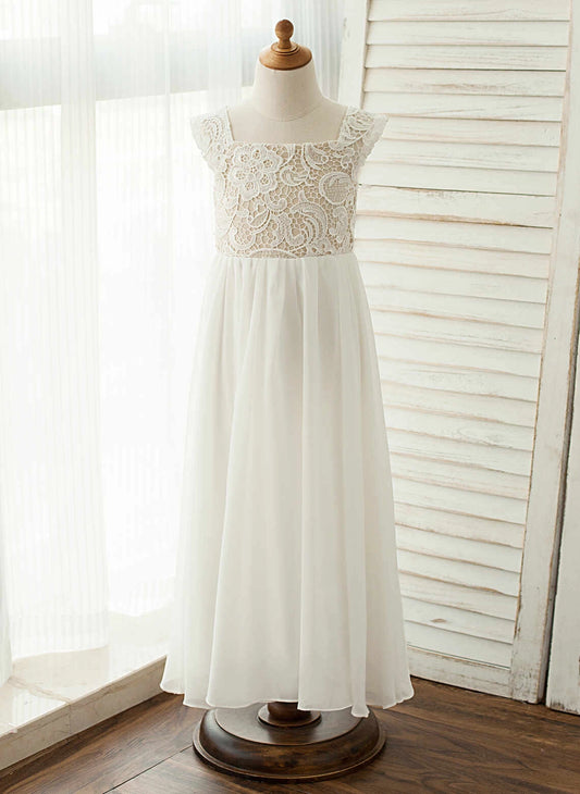 Elegant A?Line Square Neck Cap Sleeve Zip?Back Floor?Length First Communion Dress