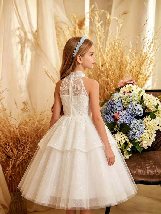 Elegant A-line Halter Sleeveless Lace Back Zipper Midi Girl Formal Dress