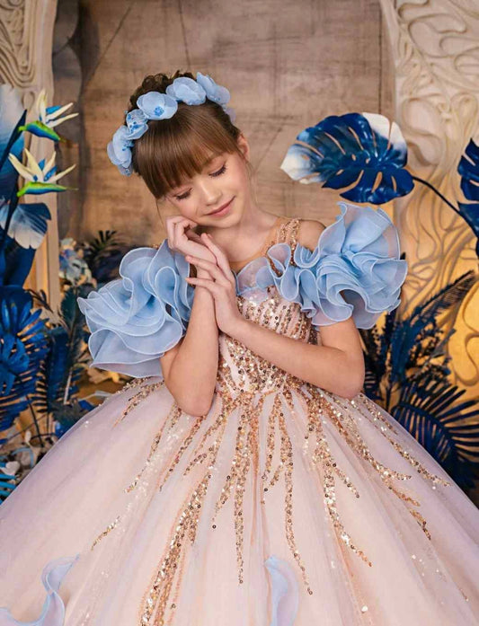 Luxury Ball Gown Off Shoulder Puff Sleeve Open Back Train Pageant Dress