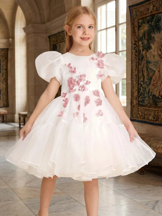 Romantic A?Line Round?Neck Puff?Sleeve Zip?Back Knee?Length 3D Petal Flower Girl Dress
