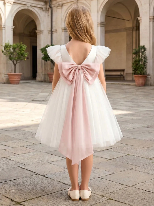 Sweet Empire?Line Round?Neck Flutter?Sleeve Bow?Back Knee?Length Flower Girl Dress
