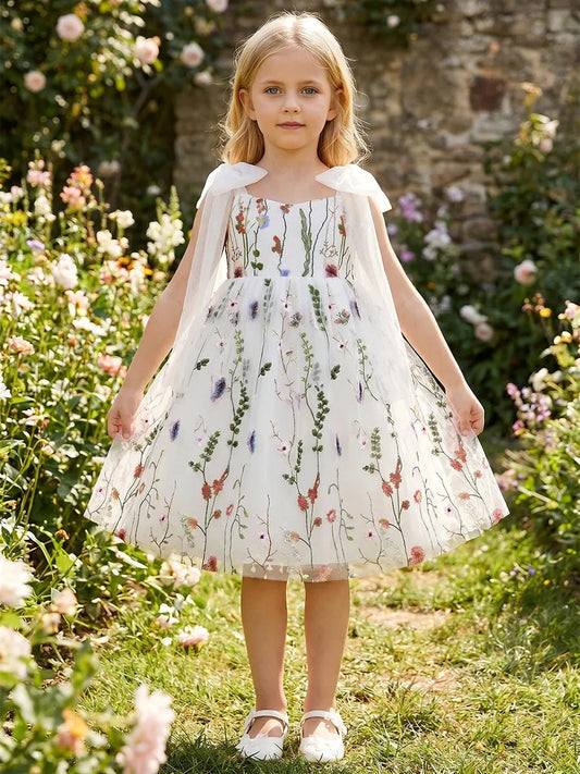 Whimsical A?Line Square?Neck Strap?Bow Zip?Back Knee?Length Tulle Wildflower Embroidered Flower Girl Dress