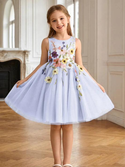 Whimsical A?Line Round?Neck Sleeveless Zip?Back Knee?Length Floral Embroidery Flower Girl Dress