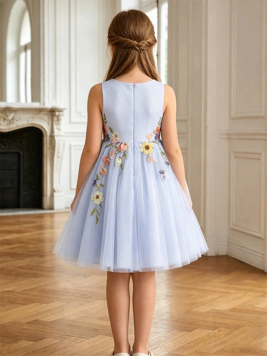 Whimsical A?Line Round?Neck Sleeveless Zip?Back Knee?Length Floral Embroidery Flower Girl Dress