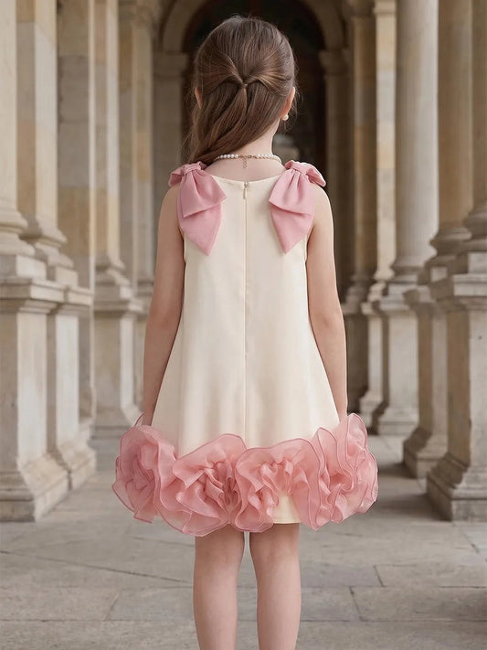 Chic Shift?Style Square?Neck Sleeveless Zip?Back Mini?Dress Pink Bow Ruffle Hem Girls Party Dress