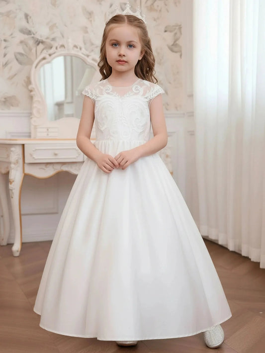 Elegant A-Line Princess Scoop Neck Short Sleeve Bow Back Floor-Length Flower Girl Dresses