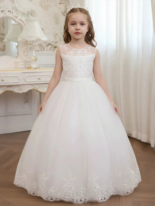 Elegant A-Line Princess Scoop Neck Sleeveless Lace Back Floor-Length Flower Girl Dresses