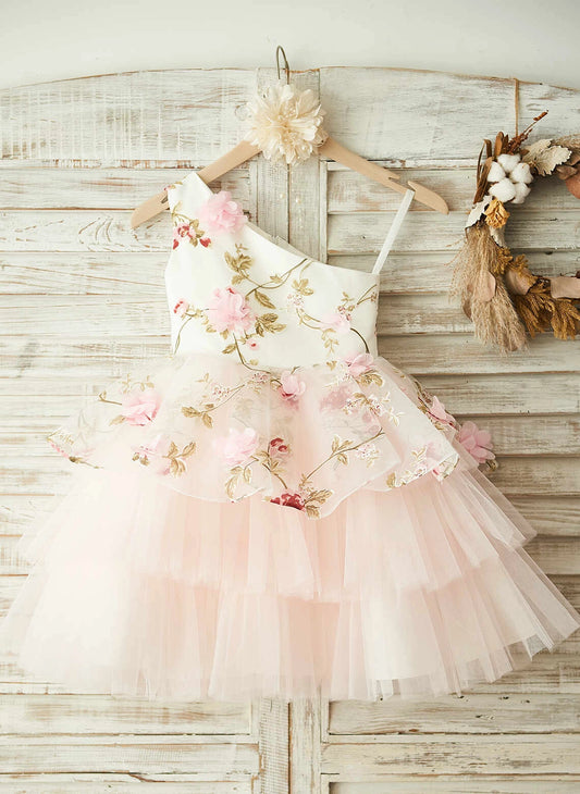 Floral A?Line One?Shoulder Single Strap Zipper?Back Knee?Length Flower Girl Dress