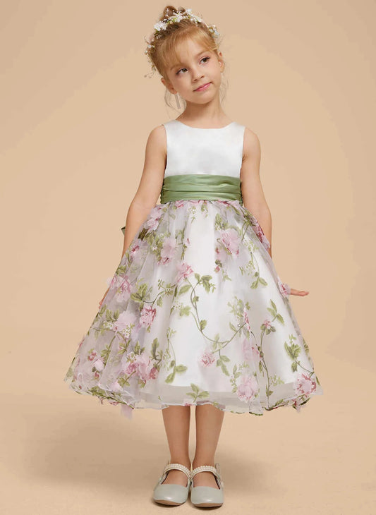 Fresh A-Line Round Neck Sleeveless Bow Back Midi Wedding Flower Girl Dress