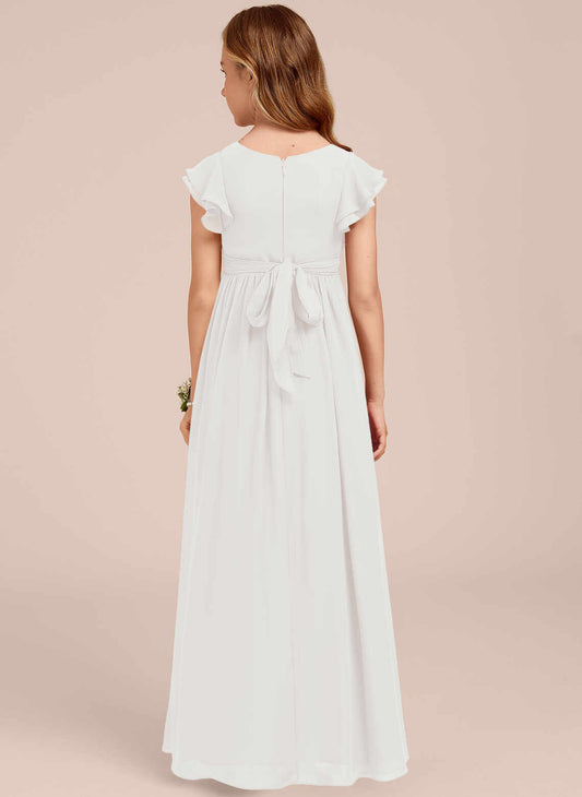 Elegant A-line Boat Neck Flutter Sleeve Bow Back Maxi First Communion Dress
