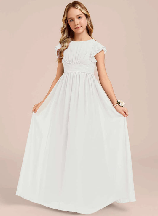 Elegant A-line Boat Neck Flutter Sleeve Bow Back Maxi First Communion Dress