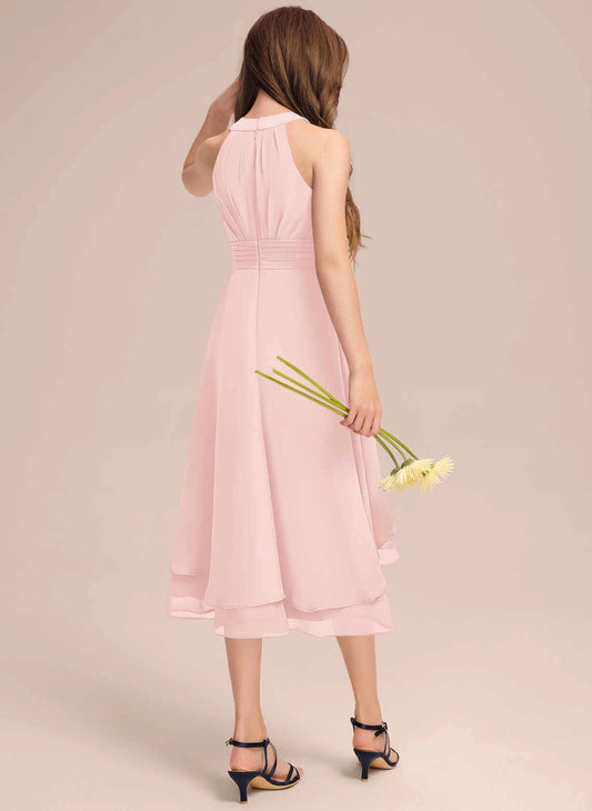 Elegant A-Line Halter Sleeveless Zipper Back Hi-Low Junior Bridesmaid Dress